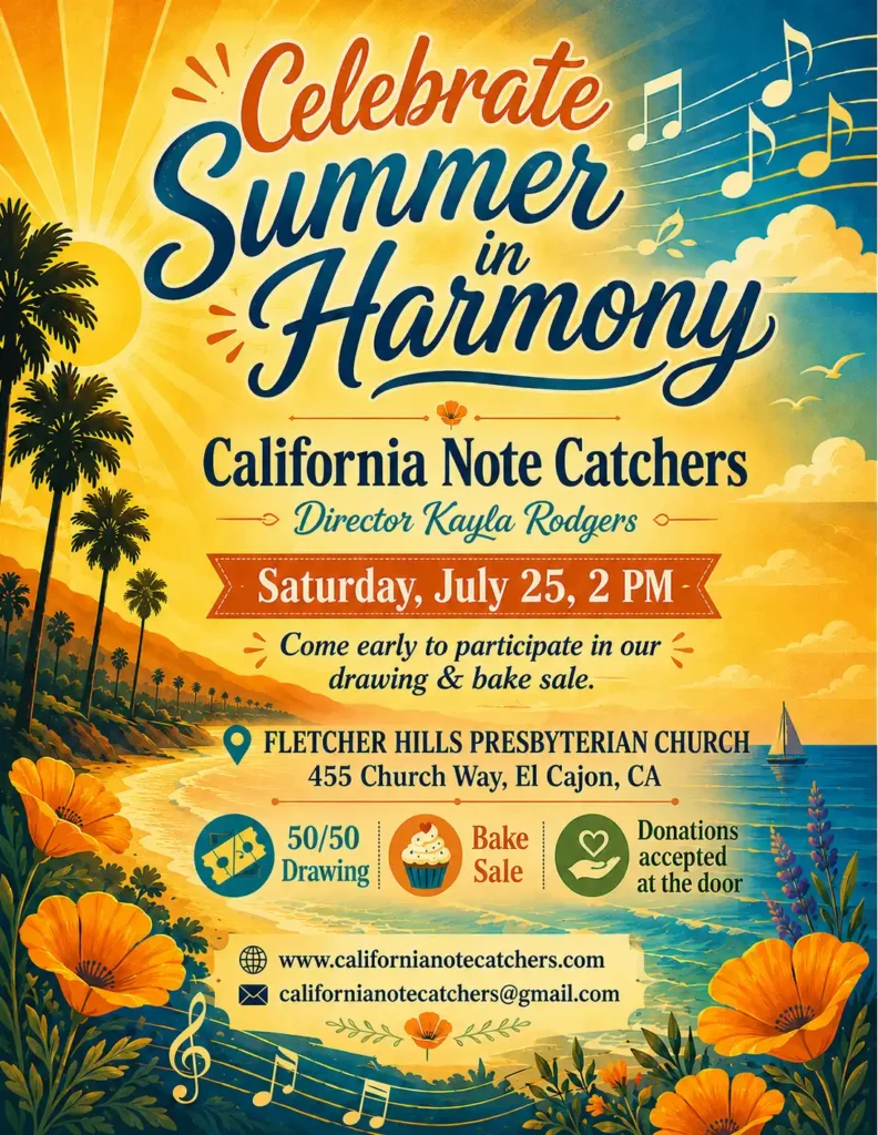 Celebrate Summer in Harmony California Note Catchers Director Kayla Rodgers Saturday, July 25, 2pm Come early to participate in our drawing & bake sale. Fletcher Hills Presbyterian Church 455 Church Way, El Cajon, CA 50/50 Drawing Bake Sale Donations accepted at the door www.californianotecatchers.com californianotecatchers@gmail.com